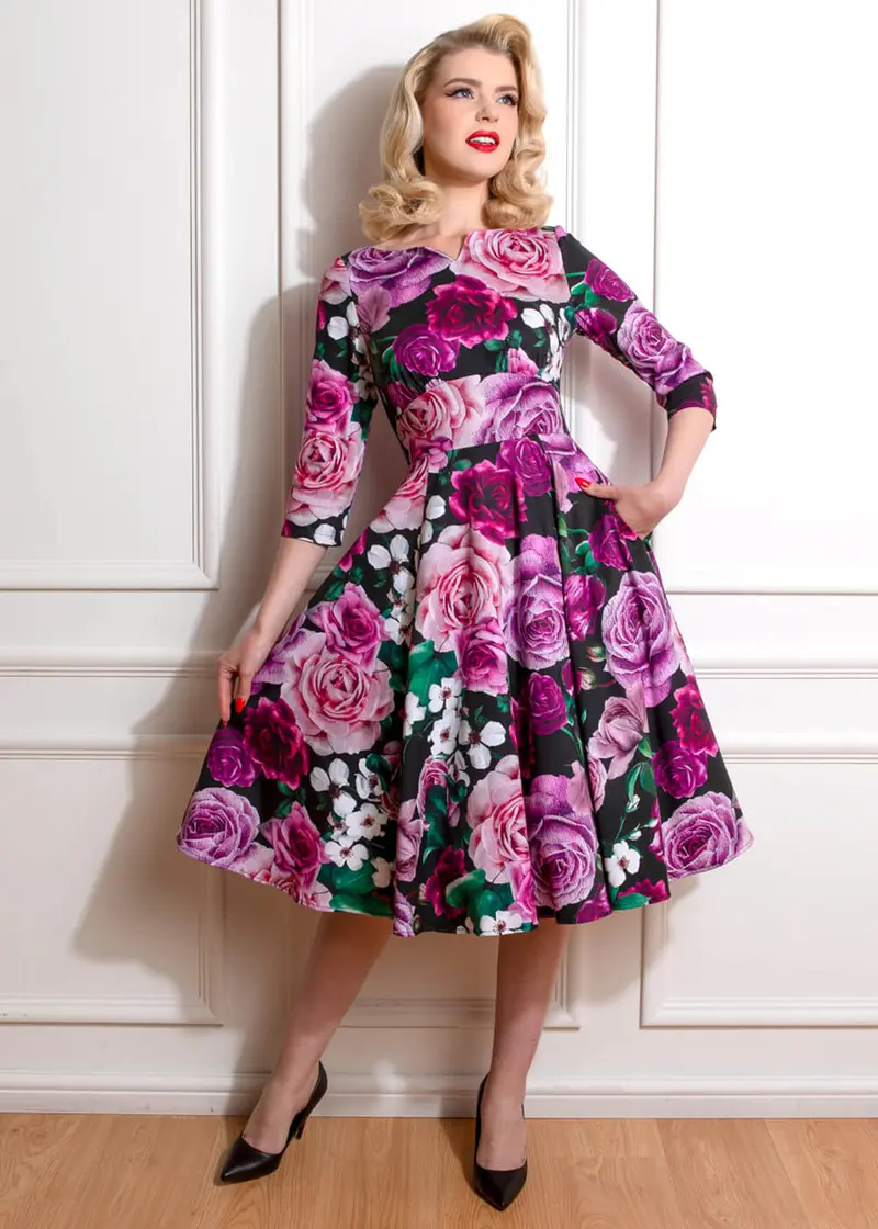 Hearts & Roses Sydney Floral 50s Swing Dress Purple