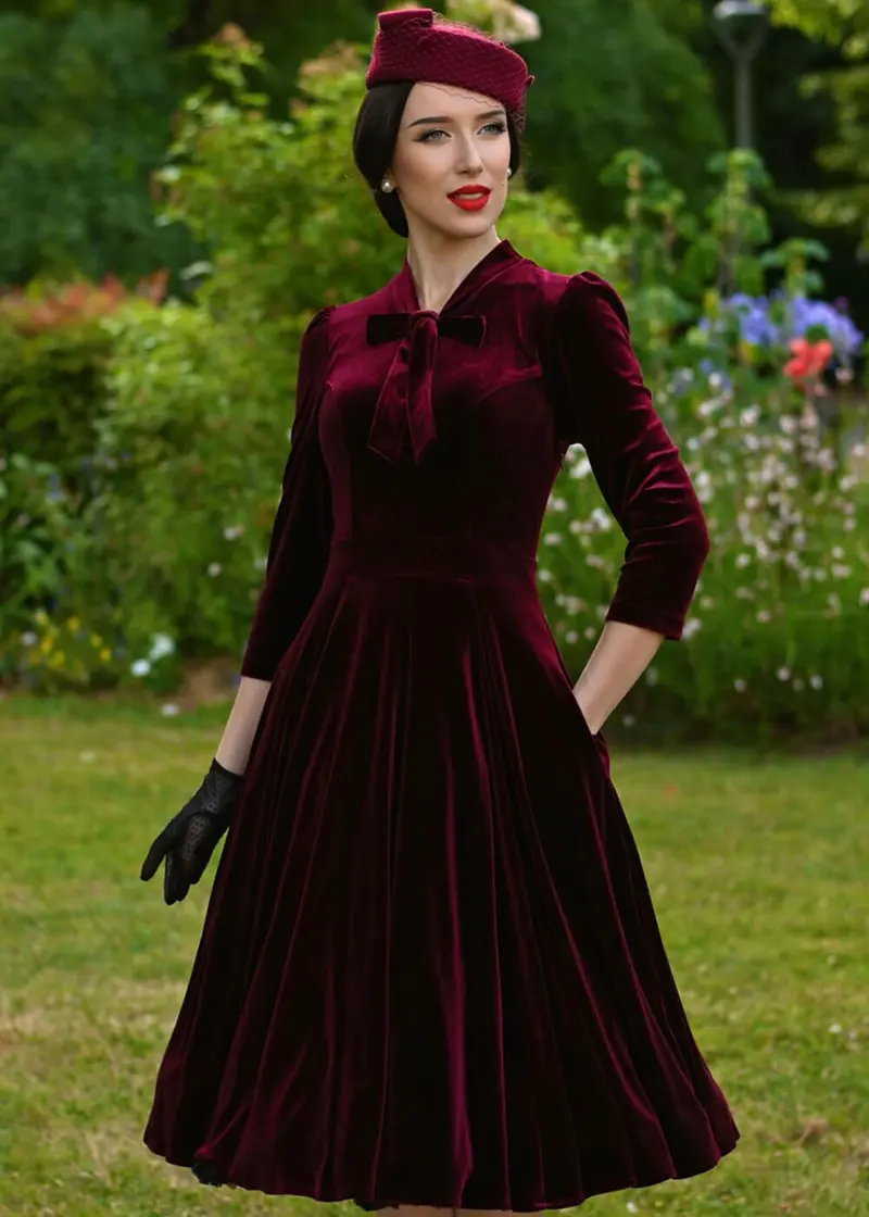 Hearts & Roses Sylvie Velvet 50's Swing Dress Burgundy