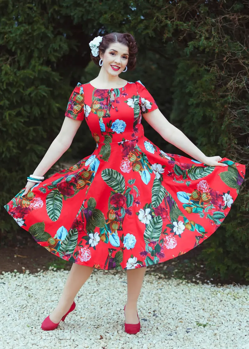 Hearts & Roses Tropical Blossom 50s Swing Dress Red