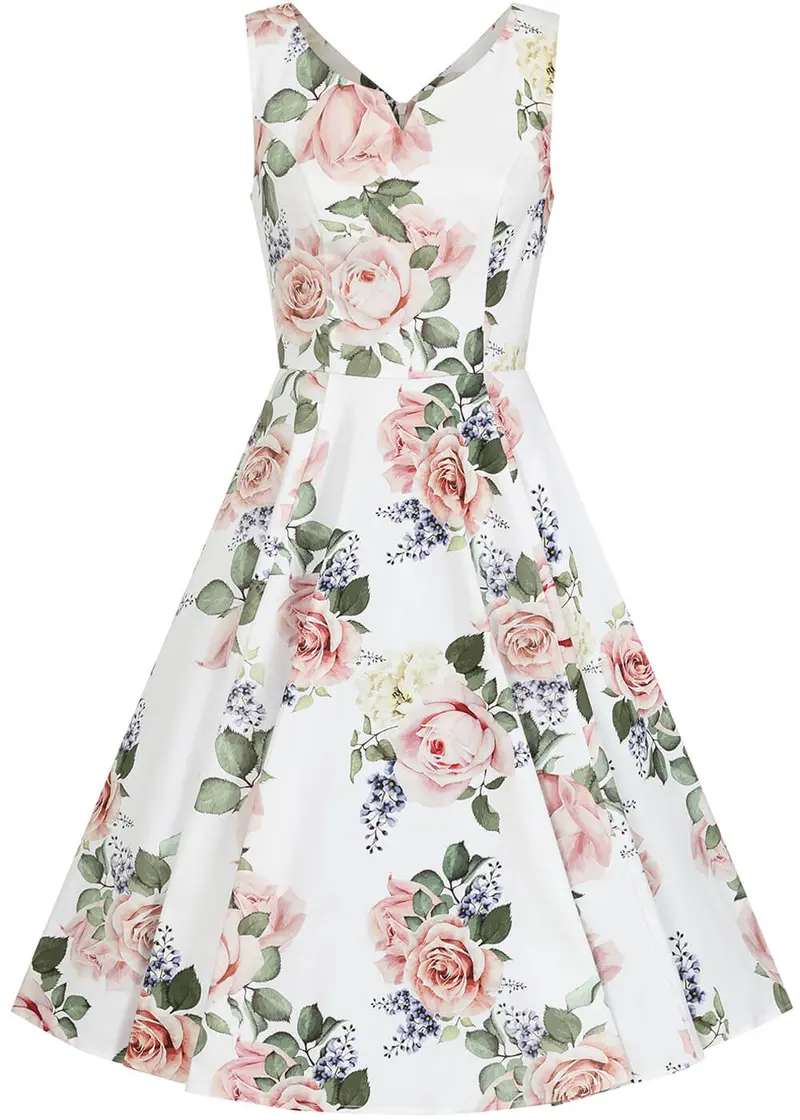 Hearts & Roses Vera Floral 50s Swing Dress White