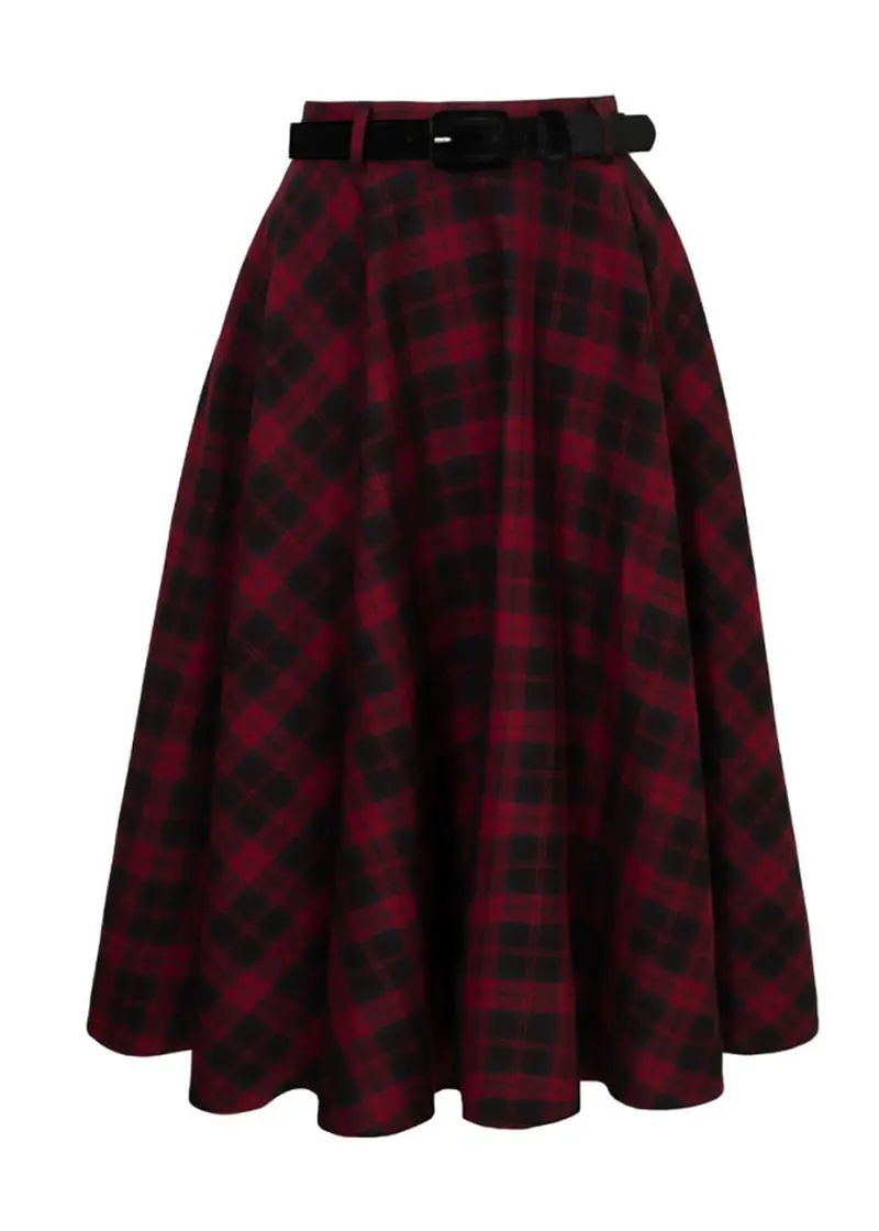Hell Bunny Carmina Tartan 50's Swing Skirt Burgundy