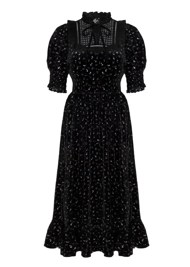 Hell Bunny Cassandra Velvet 70s Midi Dress Black