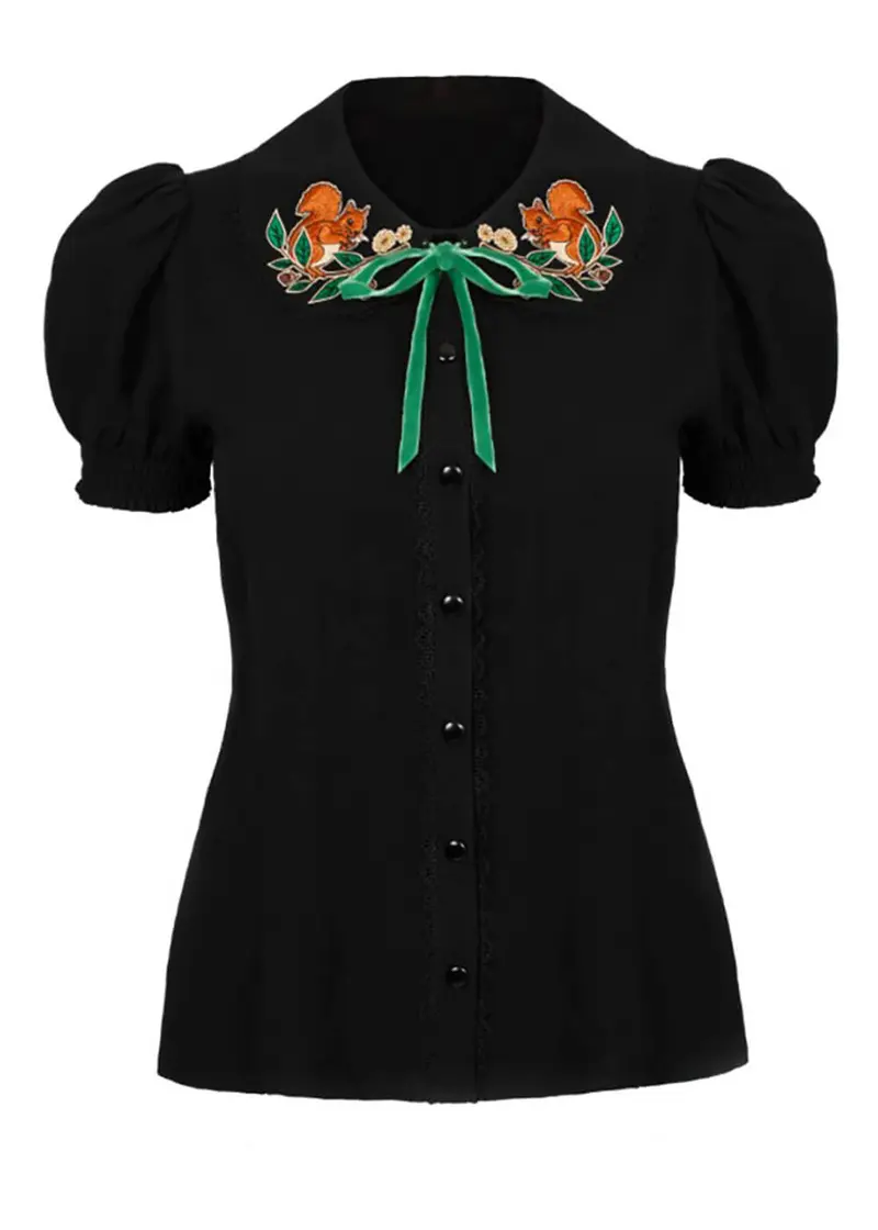Hell Bunny Chester Squirrel 40's Black Blouse