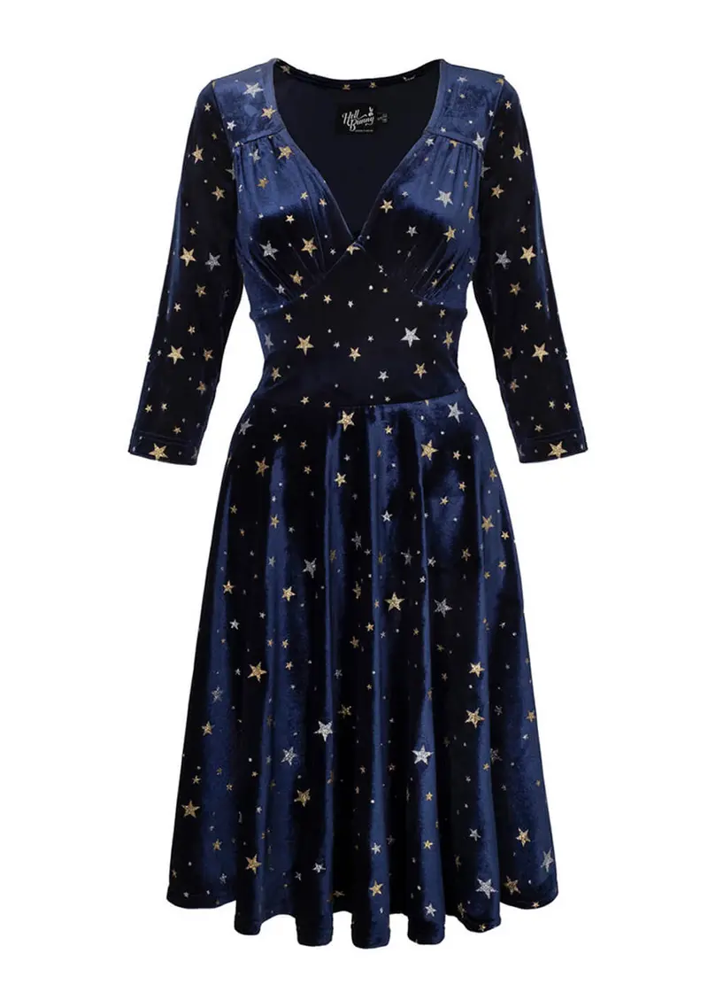 Hell Bunny Clara Stars Velvet 50's Swing Dress Navy