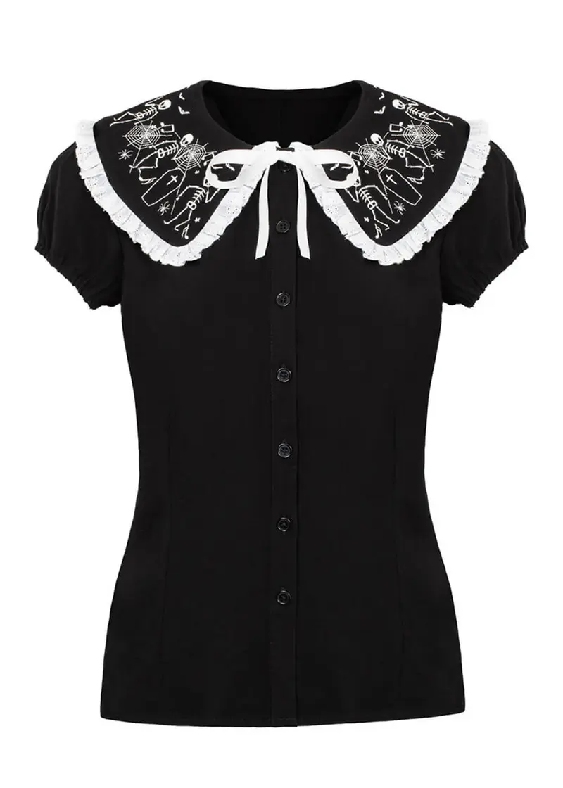 Hell Bunny Dance Macabre Skeleton Blouse Black-White