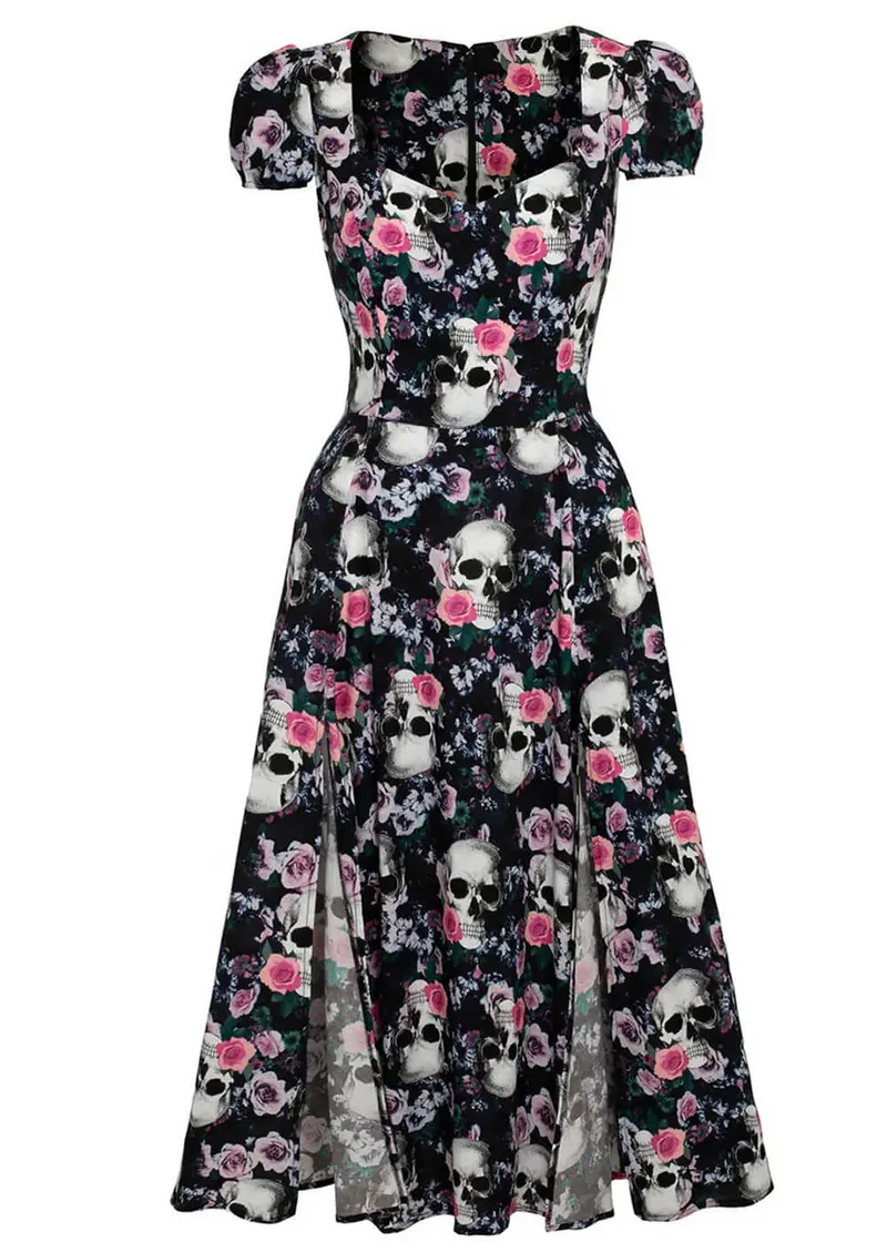 Hell Bunny Dorian Skull Roses 50s Midi Dress Black