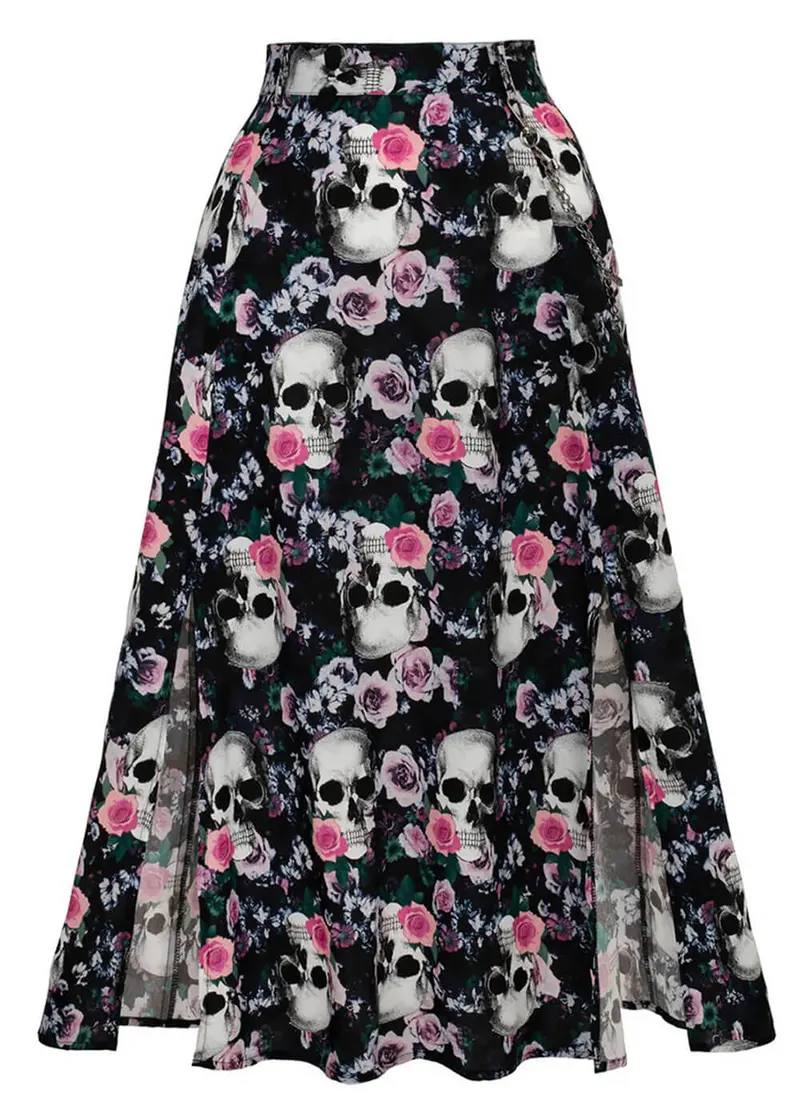 Hell Bunny Dorian Skull Roses 50s Skirt Black