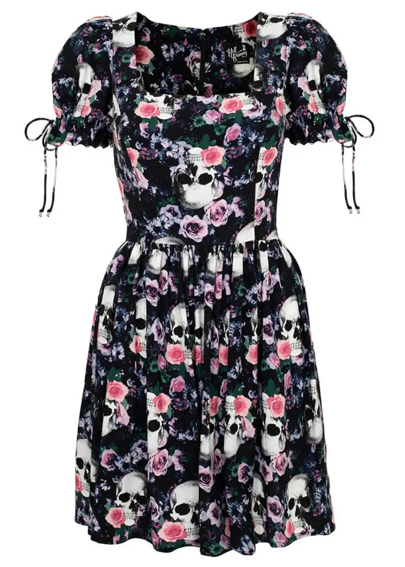 Hell Bunny Dorian Skull Roses 60's Mini Dress Black
