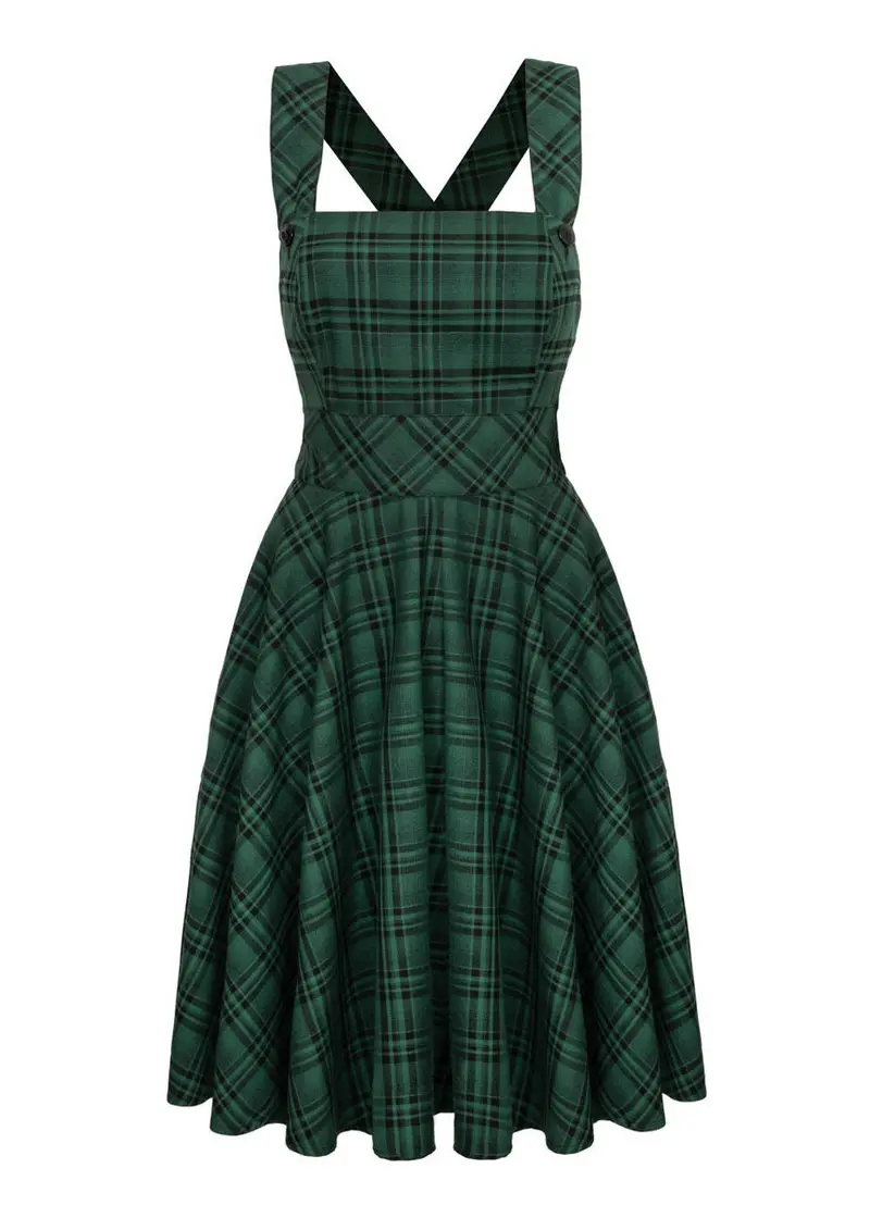 Hell Bunny Eden Tartan Pinafore Swing Dress Green