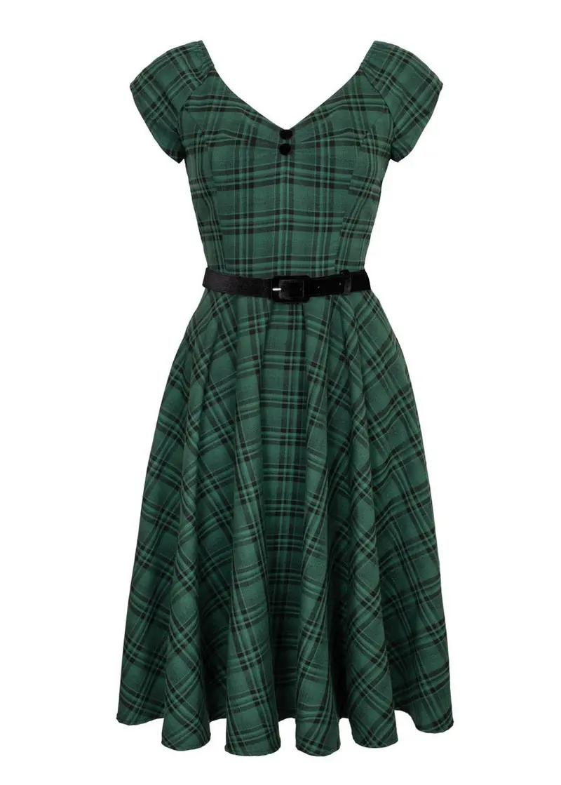 Hell Bunny Eden Tartan Swing Dress Green