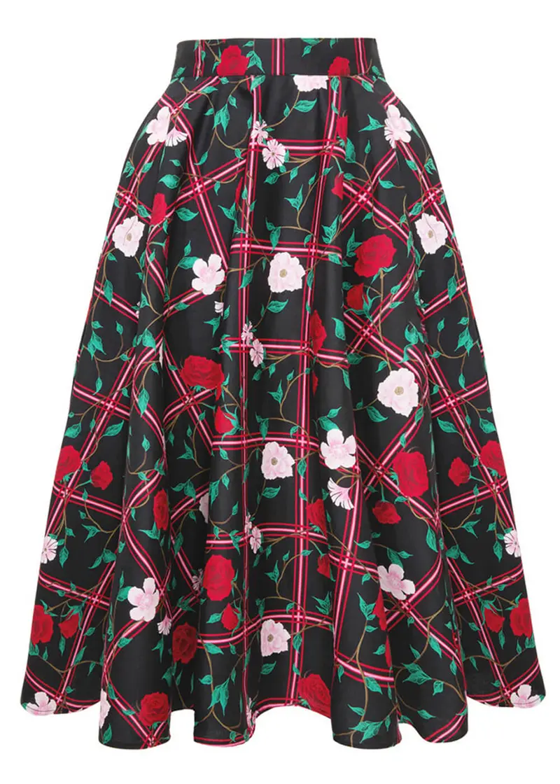 Hell Bunny Entwined Roses 50's Swing Skirt Black