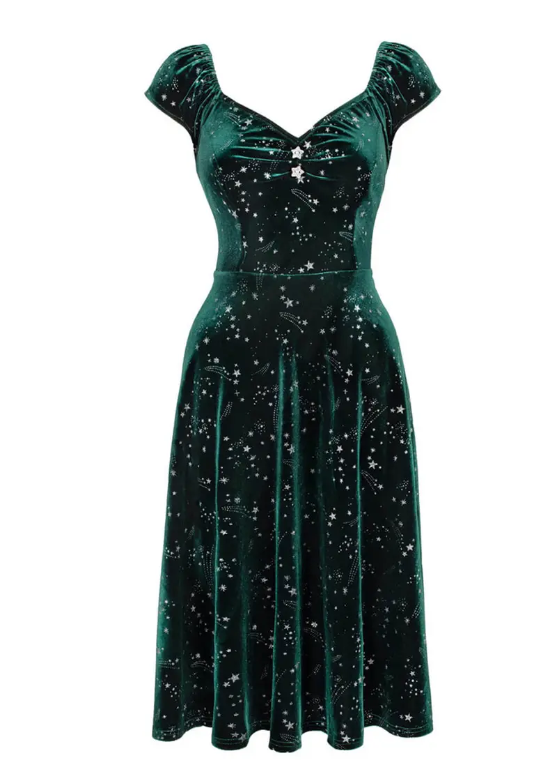 Hell Bunny Estelle Stars Velvet 50s Swing Dress Green