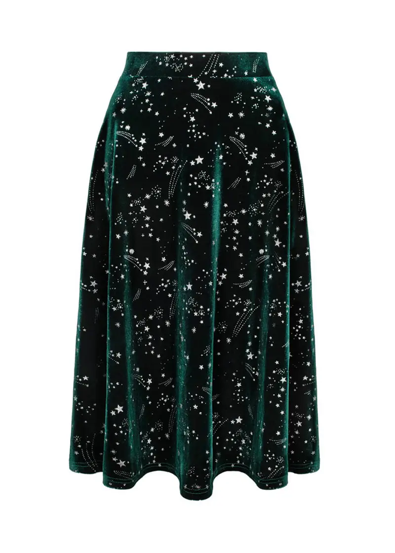 Hell Bunny Estelle Stars Velvet 50's Swing Skirt Green
