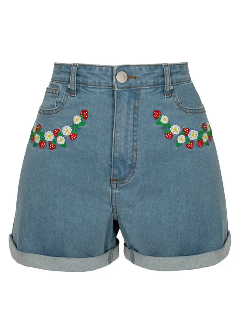 Hell Bunny Francoise Strawberry Shorts Blue