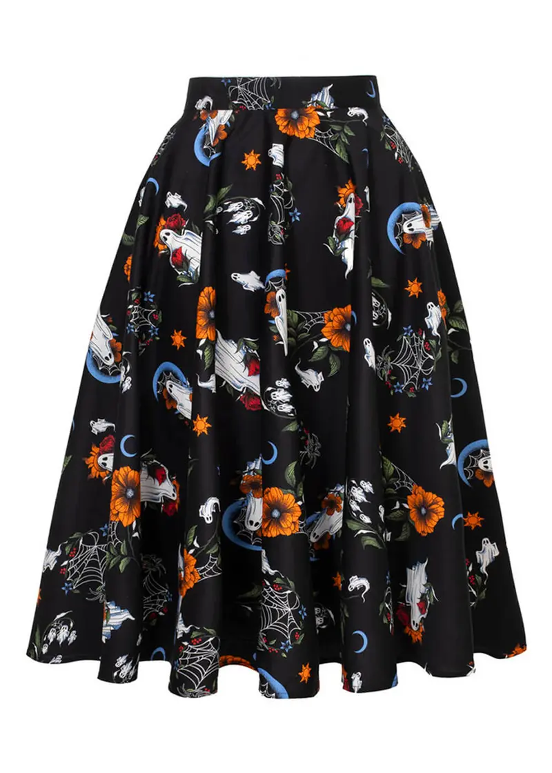Hell Bunny Ghost Flower 50's Swing Skirt Black