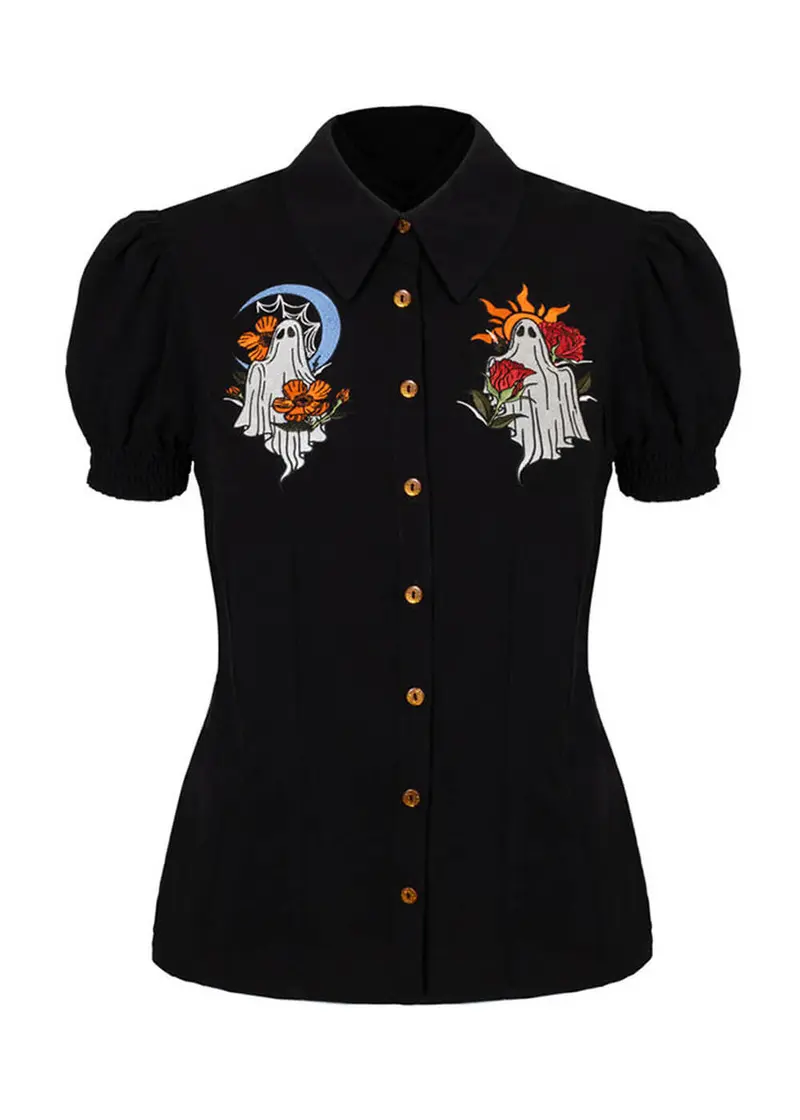 Hell Bunny Ghost Flower 60's Blouse Black