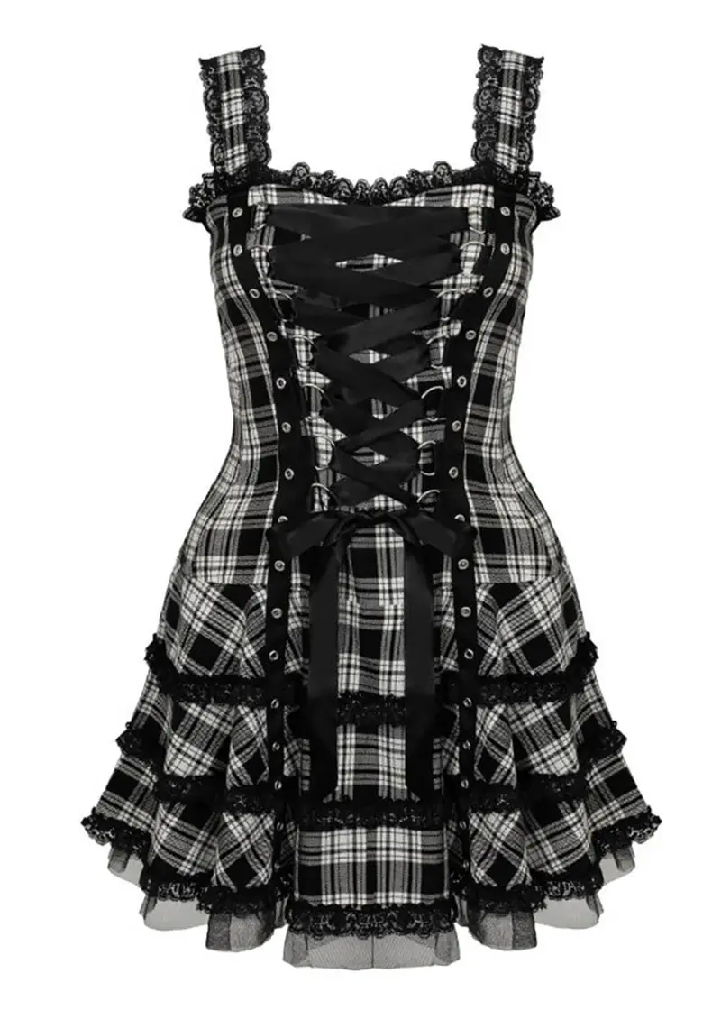 Hell Bunny Harley Tartan Dress Black White
