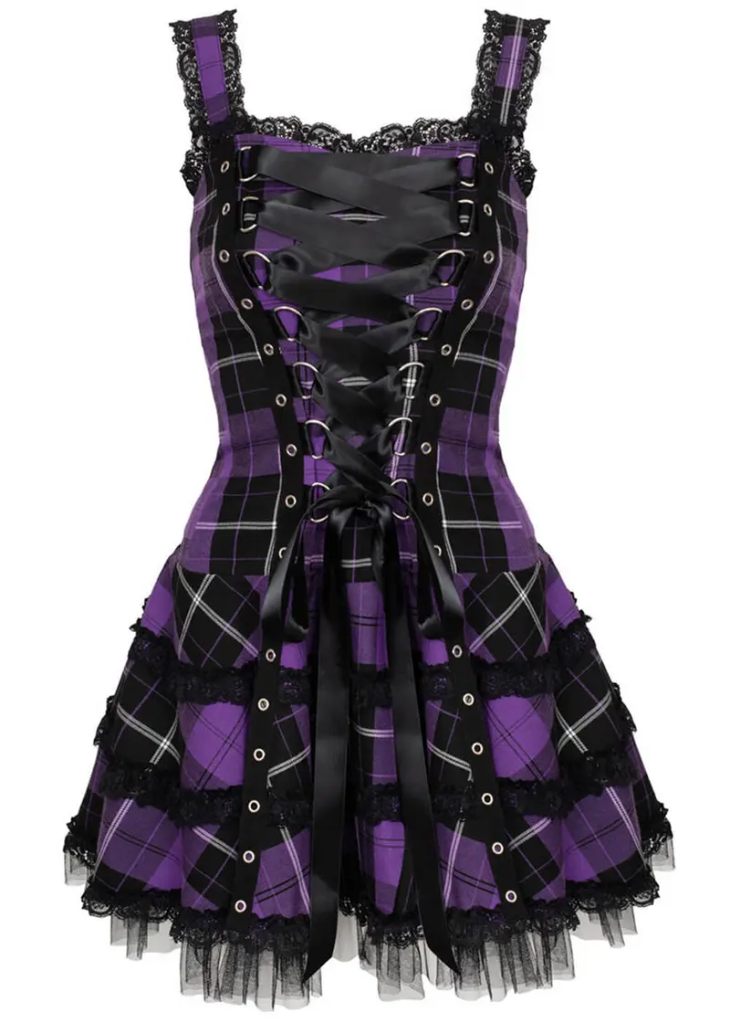 Hell Bunny Harley Tartan Dress Purple