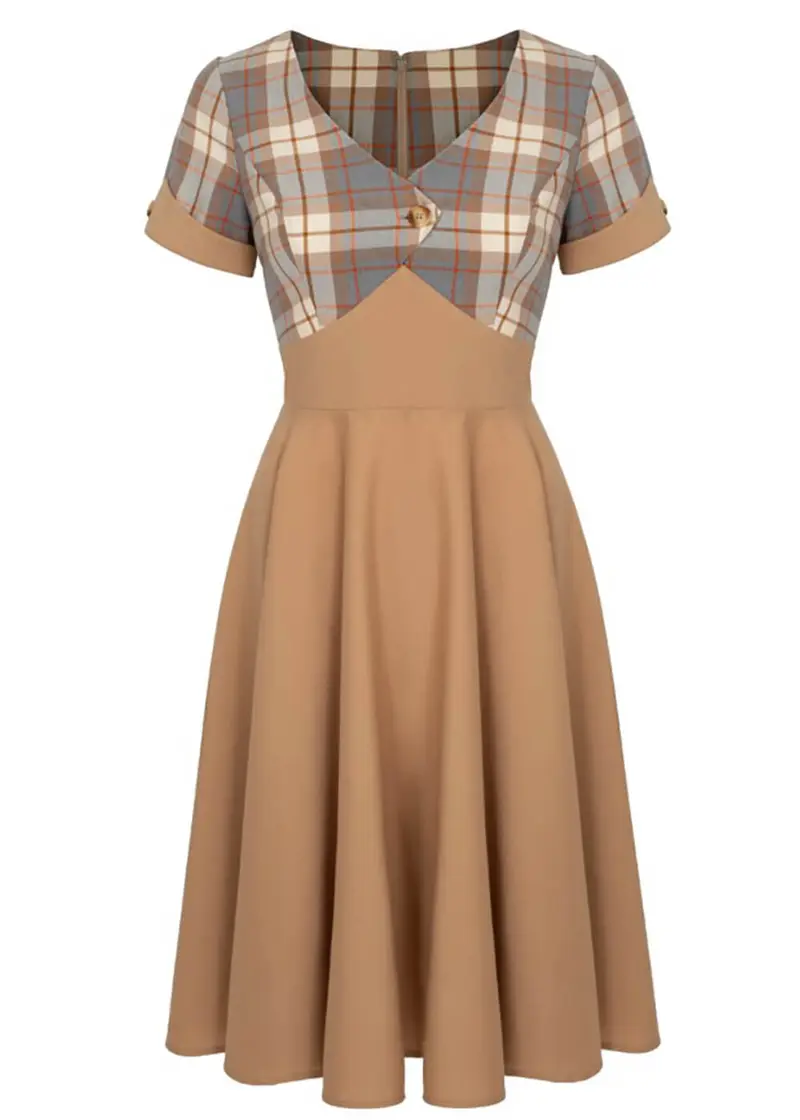 Hell Bunny Joseline Tartan 40's Swing Dress Brown