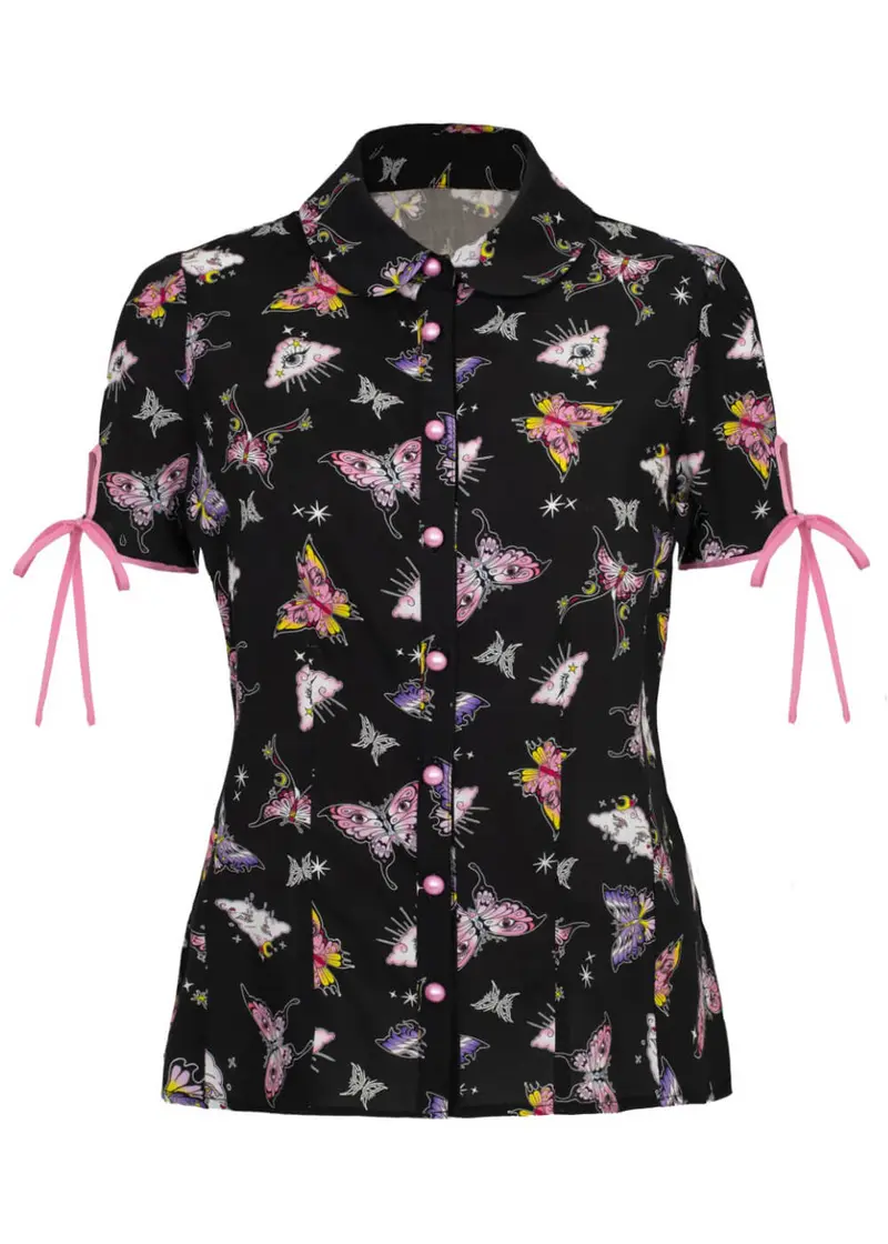 Hell Bunny Kocho Butterfly 40s Blouse Black