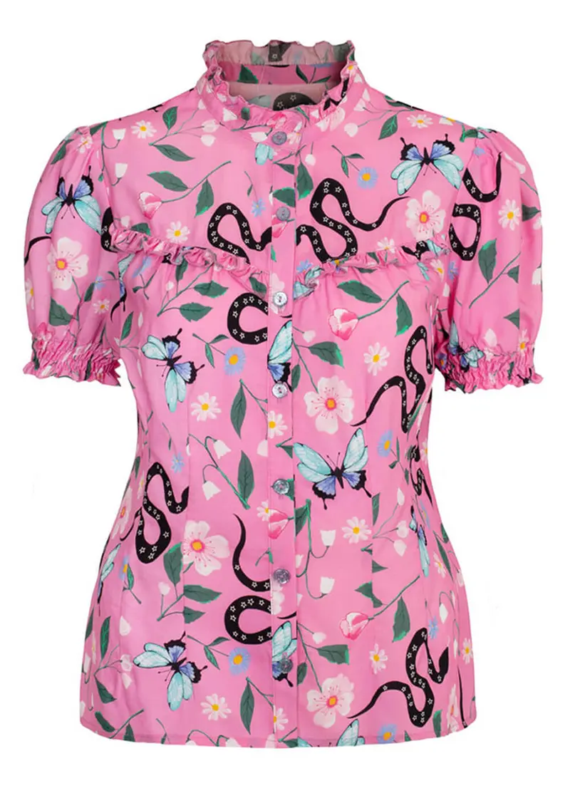 Hell Bunny Ma Boheme Snake 60s Blouse Pink