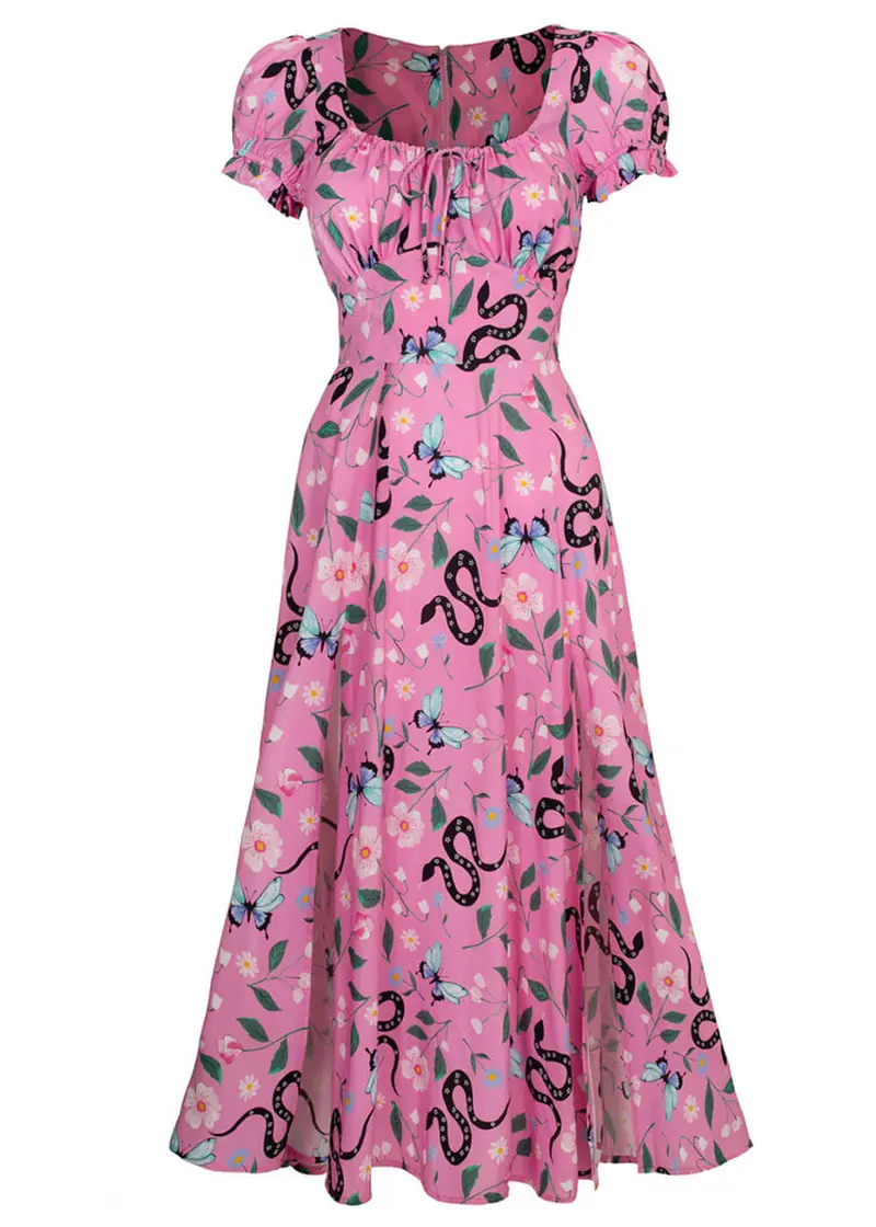 Hell Bunny Ma Boheme Snake 70s Pink Midi Dress