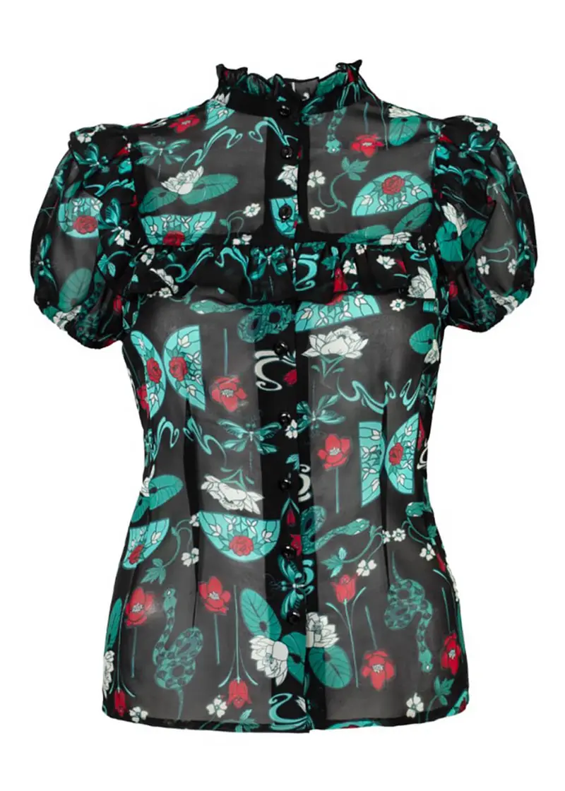 Hell Bunny Medea Roses 60's Black Blouse