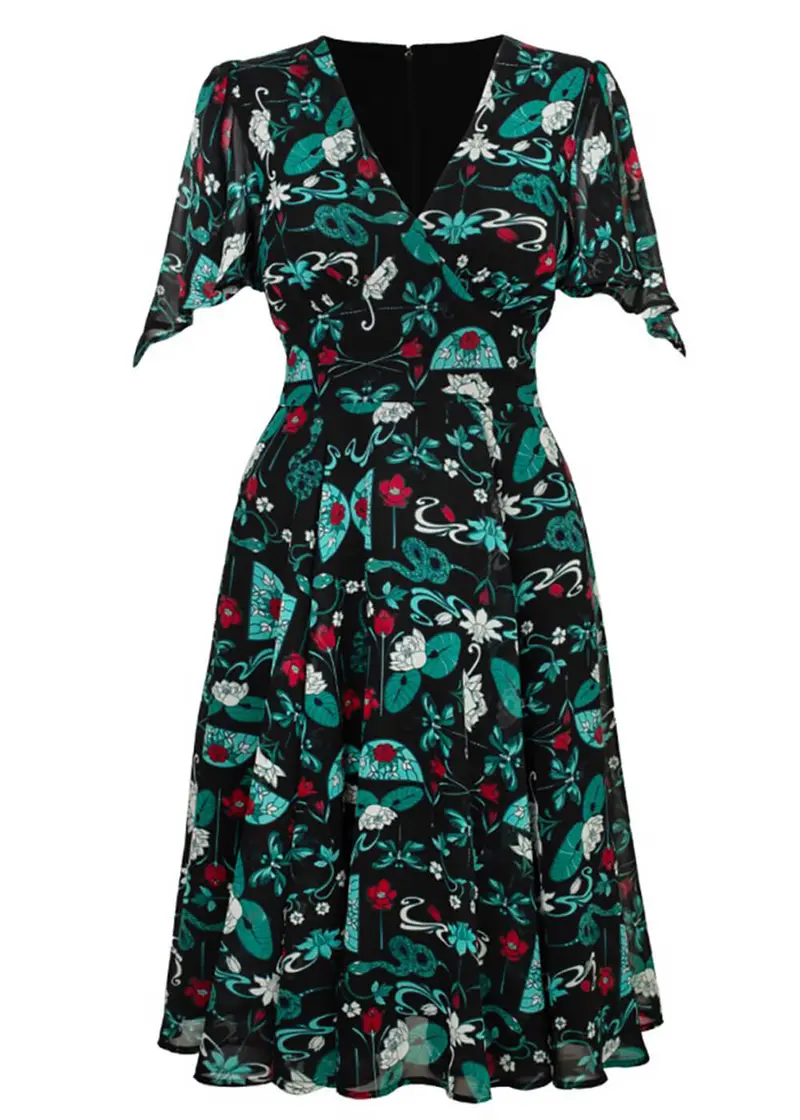 Hell Bunny Medea Roses 70s Dress Black