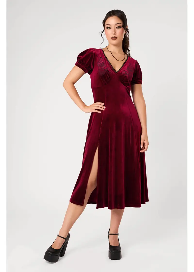 Hell Bunny Medusa Snake Velvet 70s Dress Burgundy