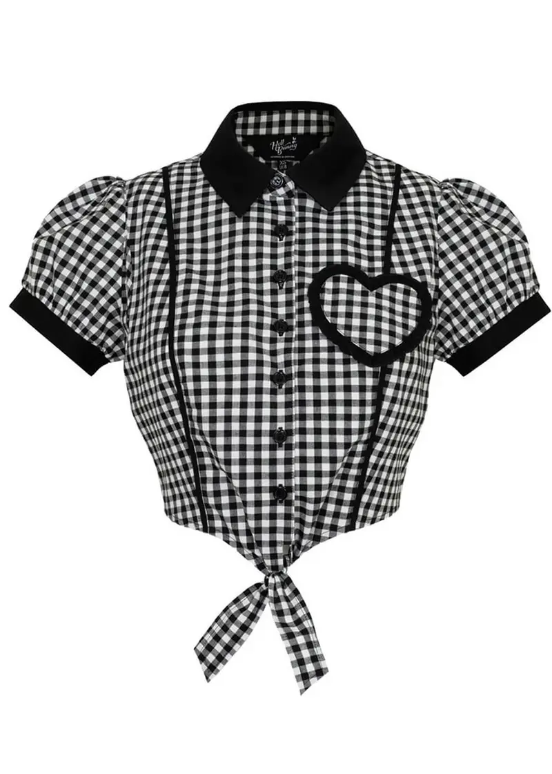 Hell Bunny Mel Gingham 60s Blouse Black White