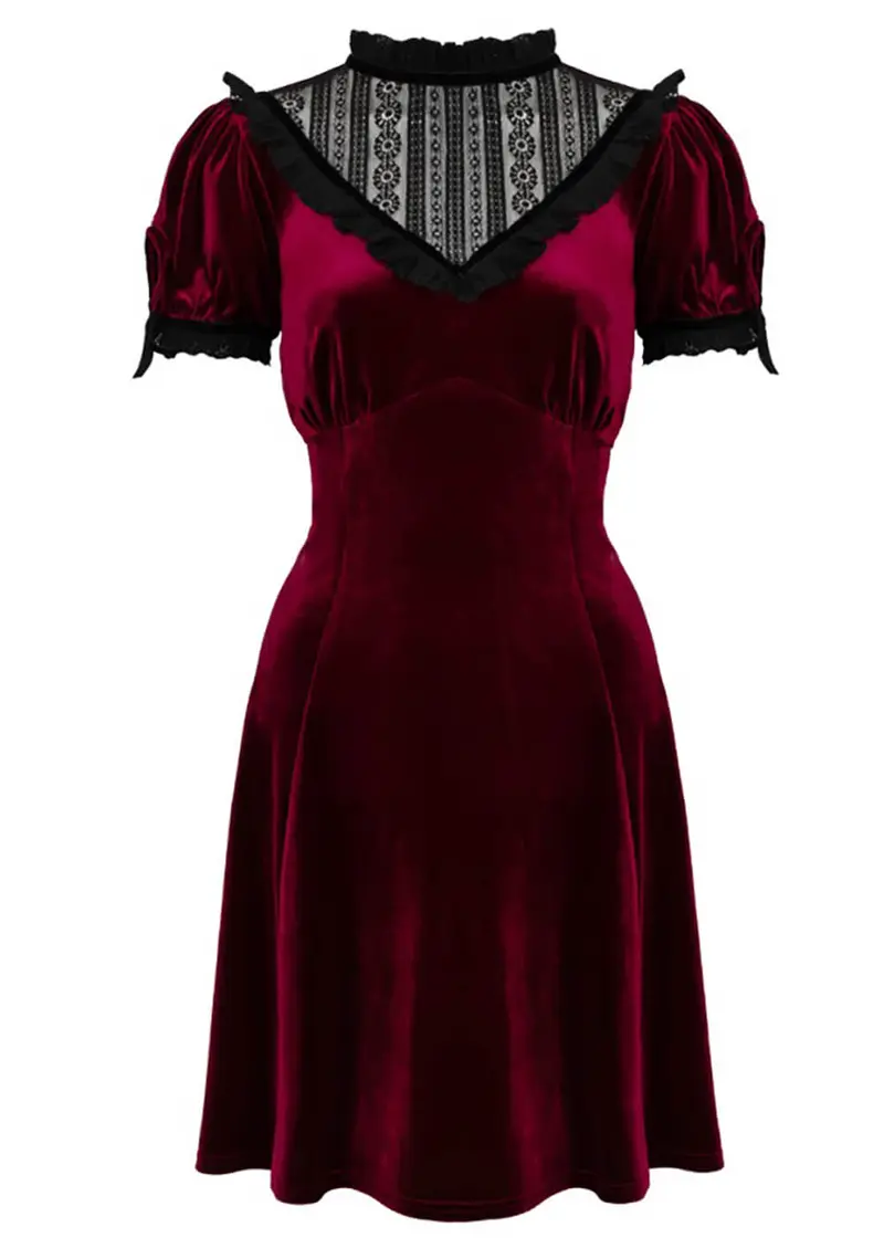 Hell Bunny Mourning Velvet 60's Mini Dress Burgundy