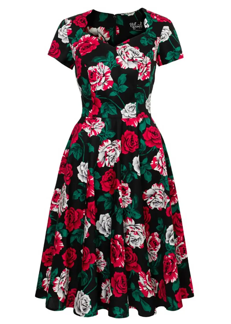 Hell Bunny Paint Me Roses 50s Swing Dress Black