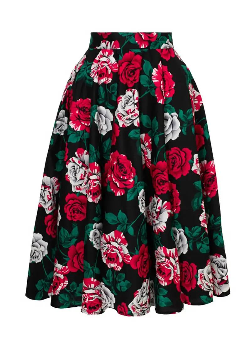 Hell Bunny Paint Me Roses 50s Swing Skirt Black