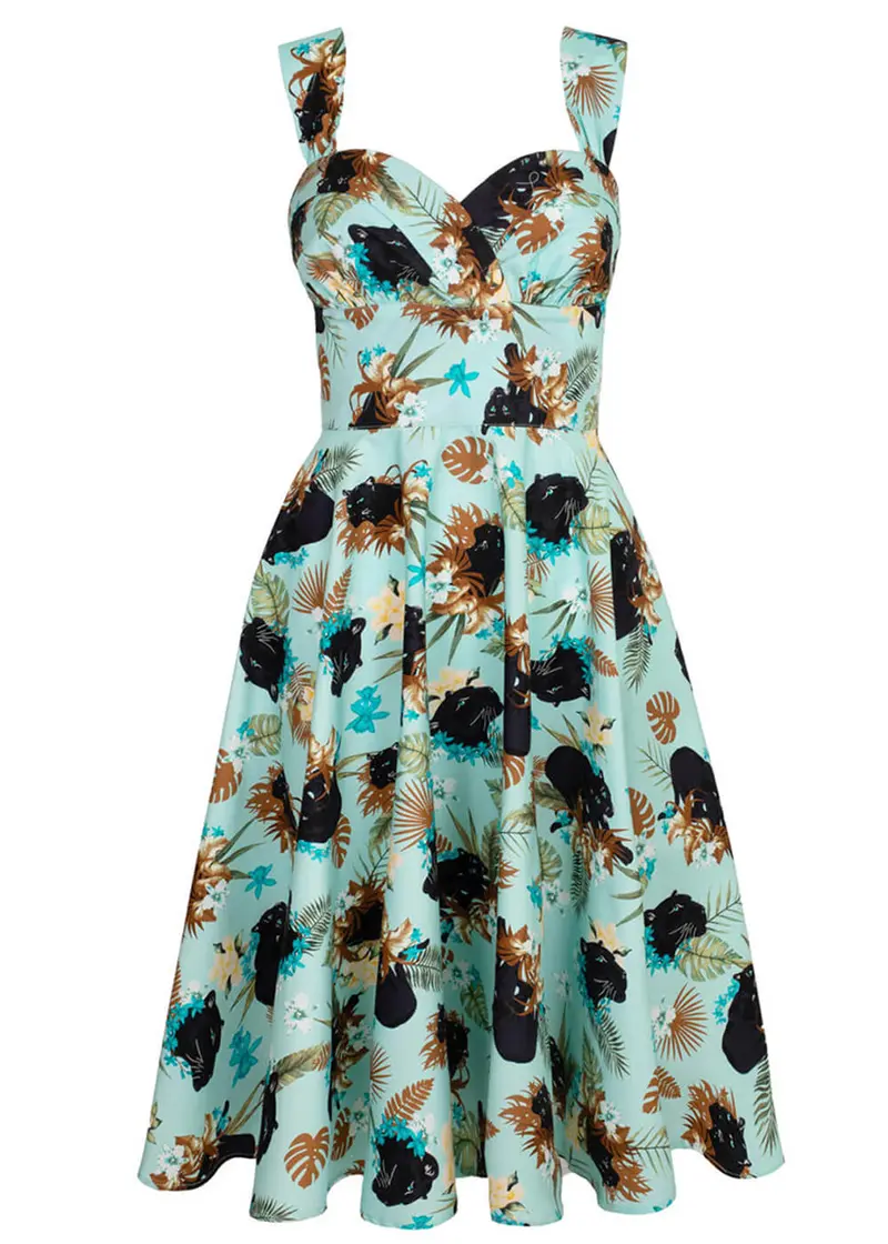 Hell Bunny Panther Cat 50s Swing Dress Aqua