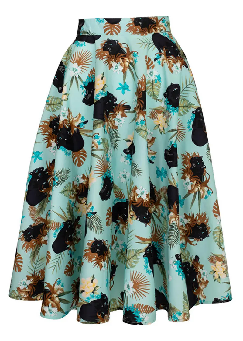 Hell Bunny Panther Cat 50s Swing Skirt Aqua