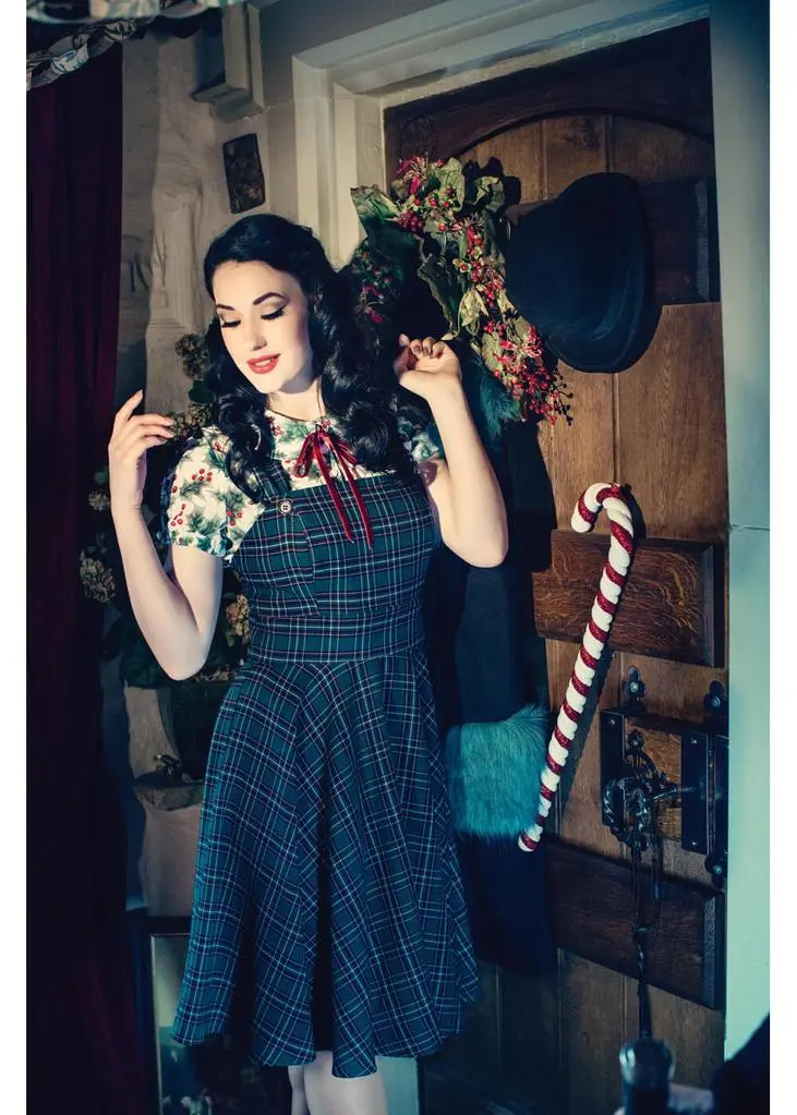 Hell Bunny Peebles Tartan Pinafore 40s Dress Green