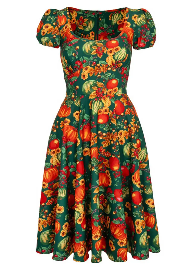Hell Bunny Pumpkin Patch 50s Swing Dress Green
