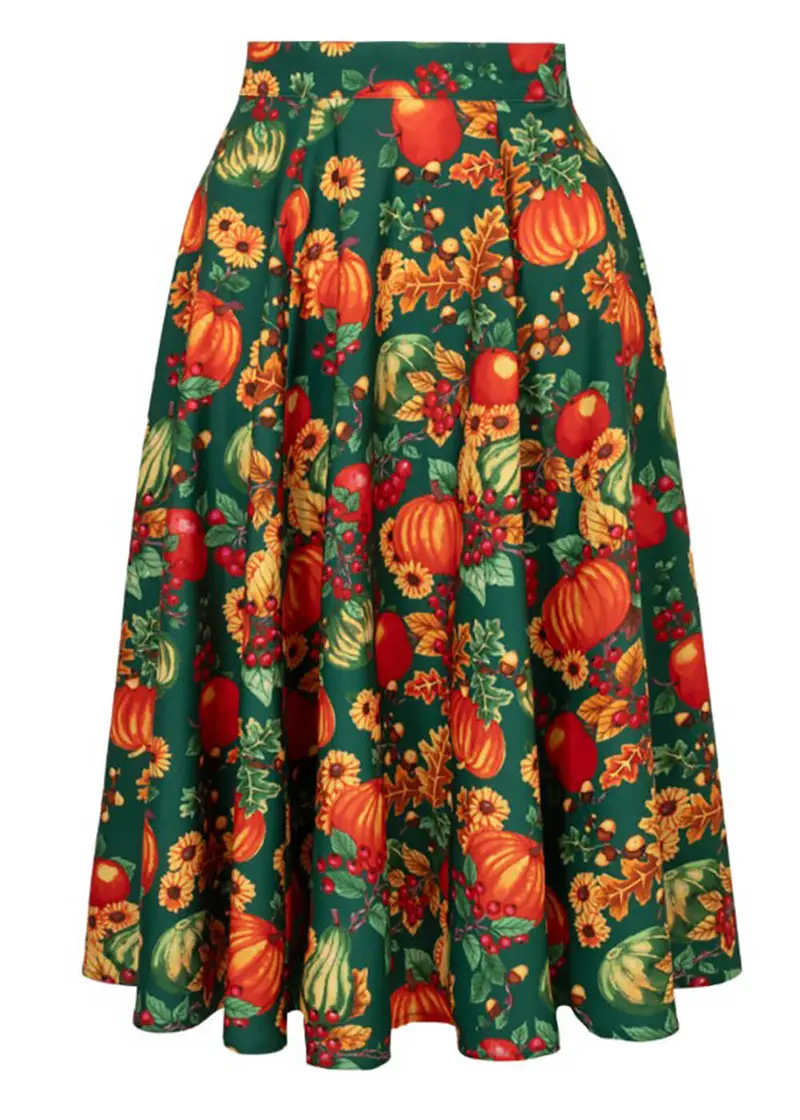 Hell Bunny Pumpkin Patch 50s Swing Skirt Green