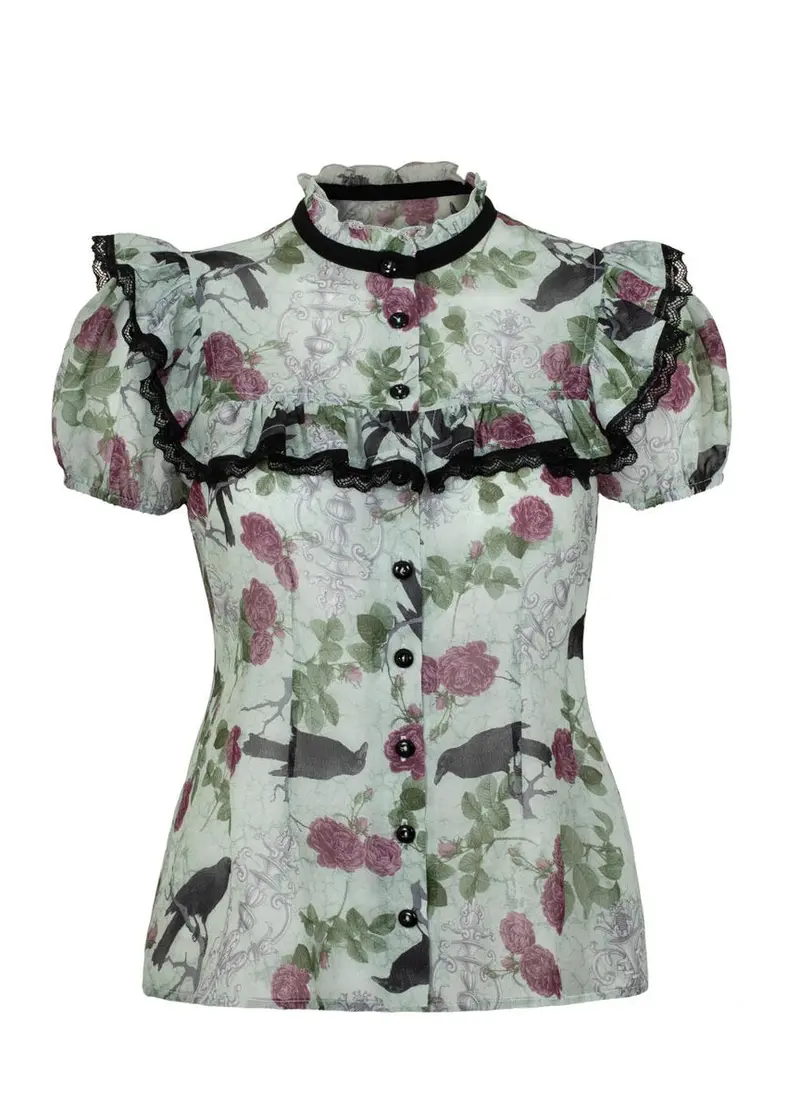 Hell Bunny Raven Roses Blouse Green