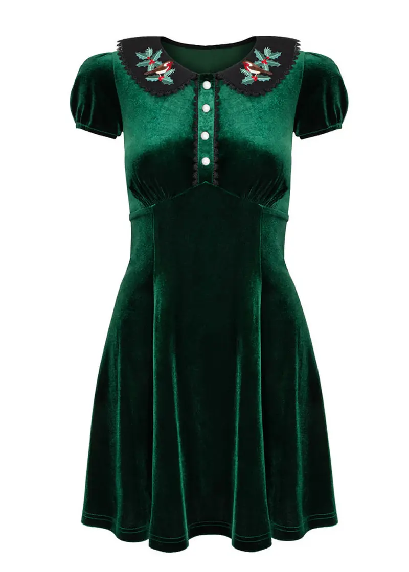 Hell Bunny Robin Velvet 60s A-Line Dress Green