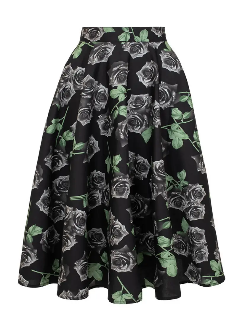 Hell Bunny Romance Noire Roses 50's Swing Skirt Black