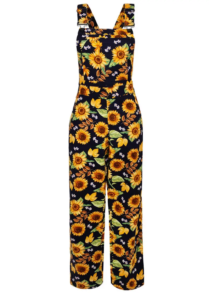 Hell Bunny Sunflower 60s Navy Dungarees