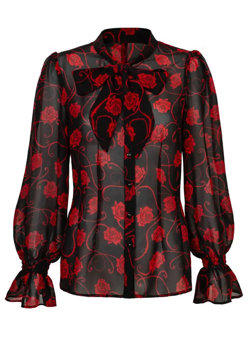 Hell Bunny Thorn Roses 70s Blouse Black Red