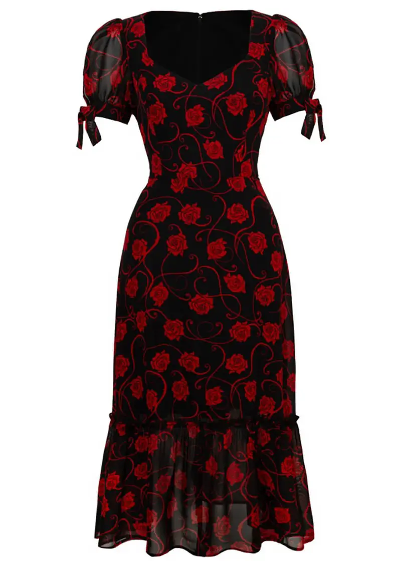 Hell Bunny Thorn Roses 70s Midi Dress Black Red
