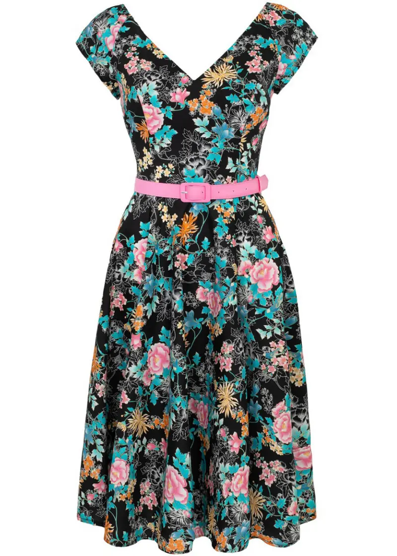 Hell Bunny Umi Floral 50's Swing Dress Black