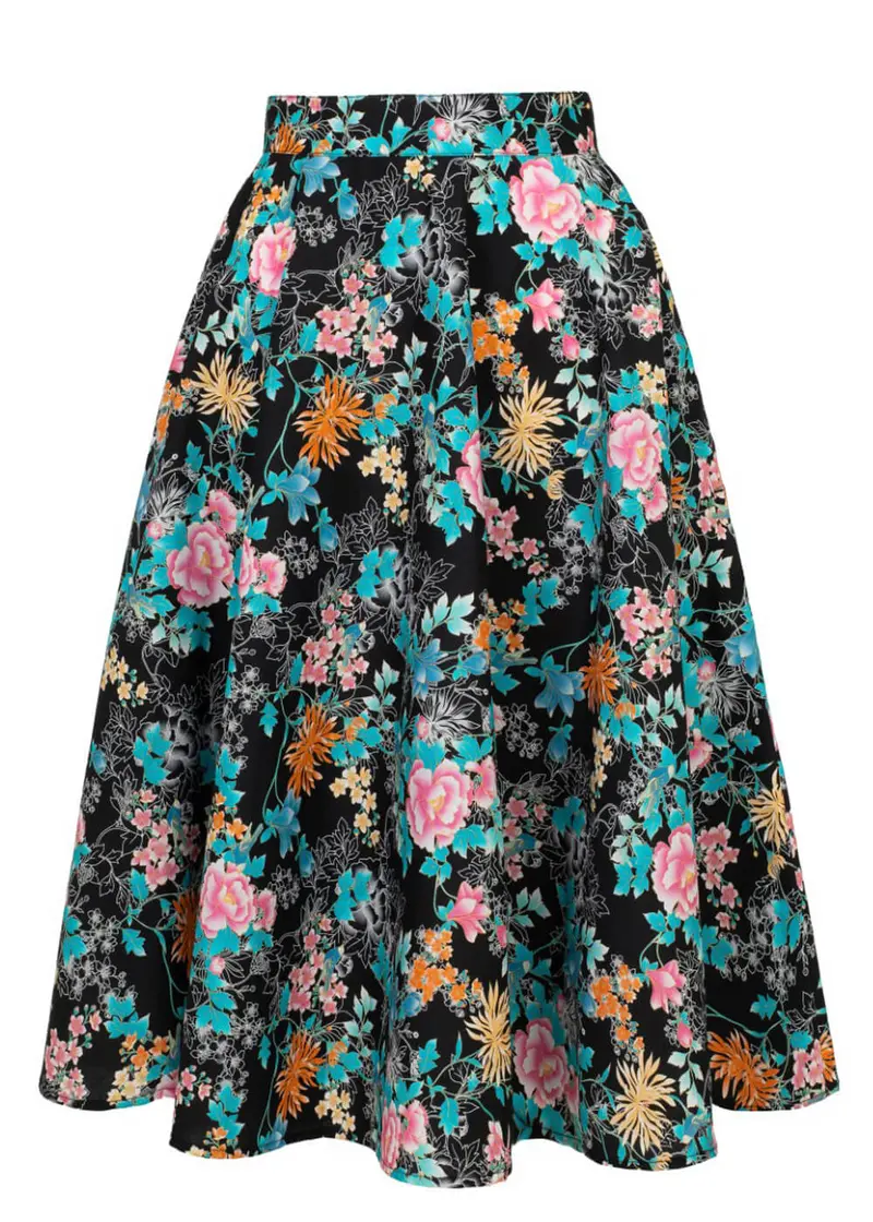 Hell Bunny Umi Floral 50s Swing Skirt Black