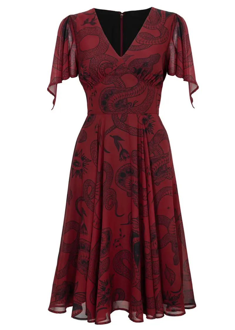 Hell Bunny Venom Snake 70s Midi Dress Burgundy