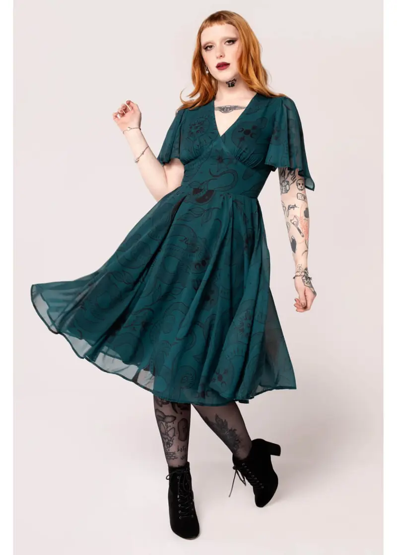 Hell Bunny Venom Snake 70s Midi Dress Green