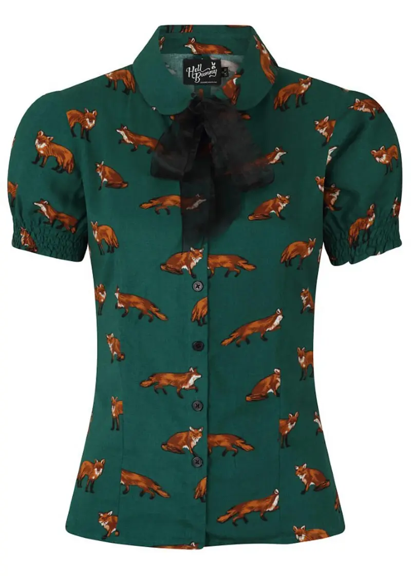 Hell Bunny Vixey Fox 40s Blouse Dark Green