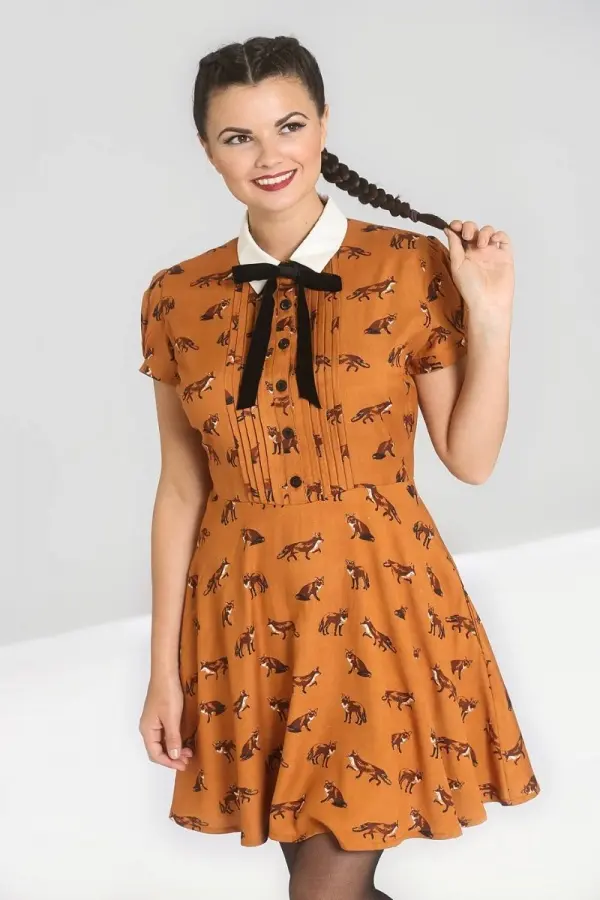 Hell Bunny Vixey Fox 40s Dress Brown